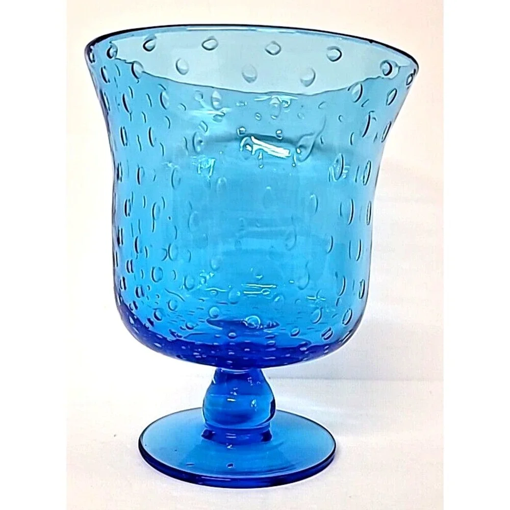 Sky Blue Footed Glass Vase with Controlled Bubbles 6-7/8